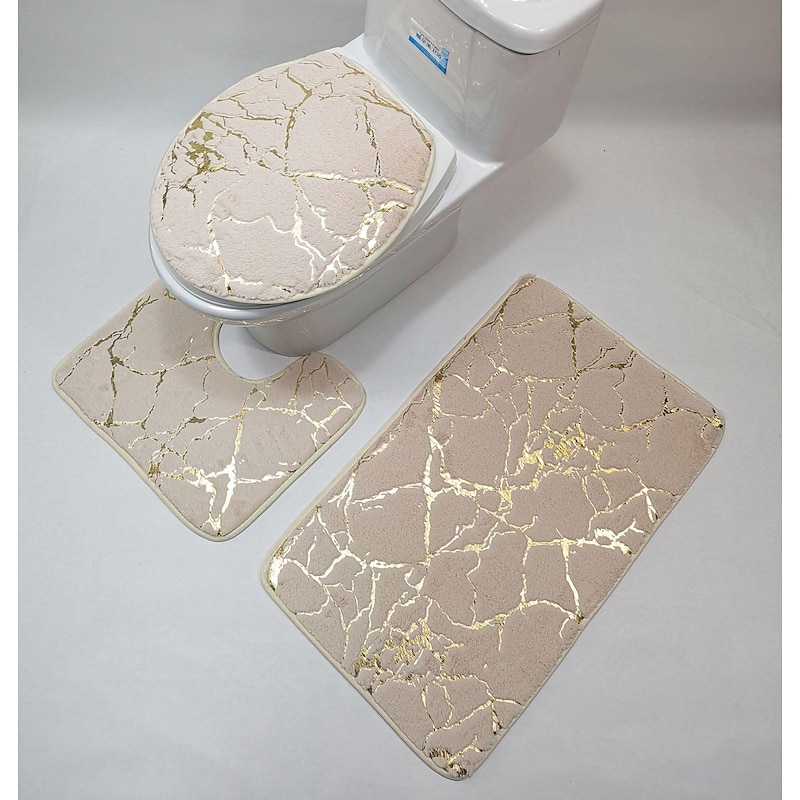 Black Marble Bath Mat Non-slip Bathroom Rugs Sets 3 Piece with Non-Slip Rug, Toilet Lid Cover and Bath Mat, Gold Bathroom Rugs and Mats Sets3