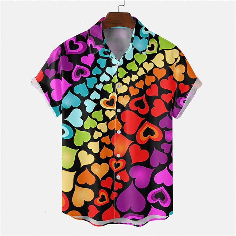 Men's Heart Shirt Button Up Shirt Short Sleeve Tropical Fashion Hawaiian Casual Holiday Beach Summer Spring Turndown Print Button-Down Black White Wine Red Rainbow