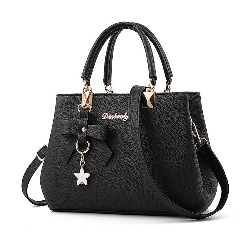 Women's Faux Leather Top Handle Handbag with Bow Charm, Elegant Structured Satchel Shoulder Bag for Office, Shopping and Daily Use