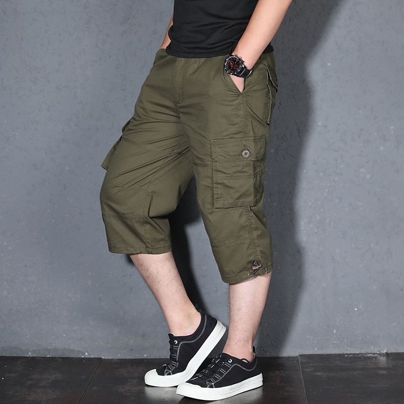 Men's Cargo Shorts Shorts Capri Pants Hiking Shorts Leg Drawstring Multi Pocket Plain Comfort Wearable Calf-Length Casual Daily Going out 100% Cotton Sports Stylish ArmyGreen Black