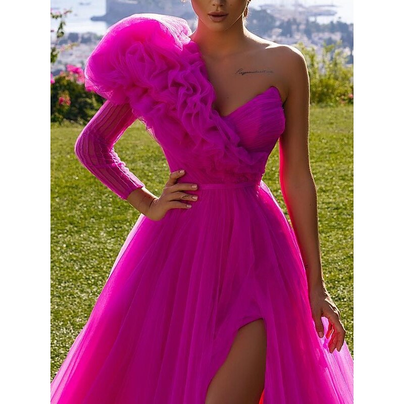 Ball Gown Prom Dresses Elegant Dress Prom Birthday Sweep / Brush Train Long Sleeve One Shoulder Tulle with Ruffles Slit Masquerade Dress2
