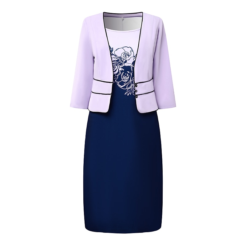 Women's Dress Set Two Piece Dress Floral Dress Midi Dress Purple 3/4 Length Sleeve Print Print Winter Fall Autumn Crew Neck Fashion Party Daily Wedding Guest 2023 S M L XL XXL 3XL4