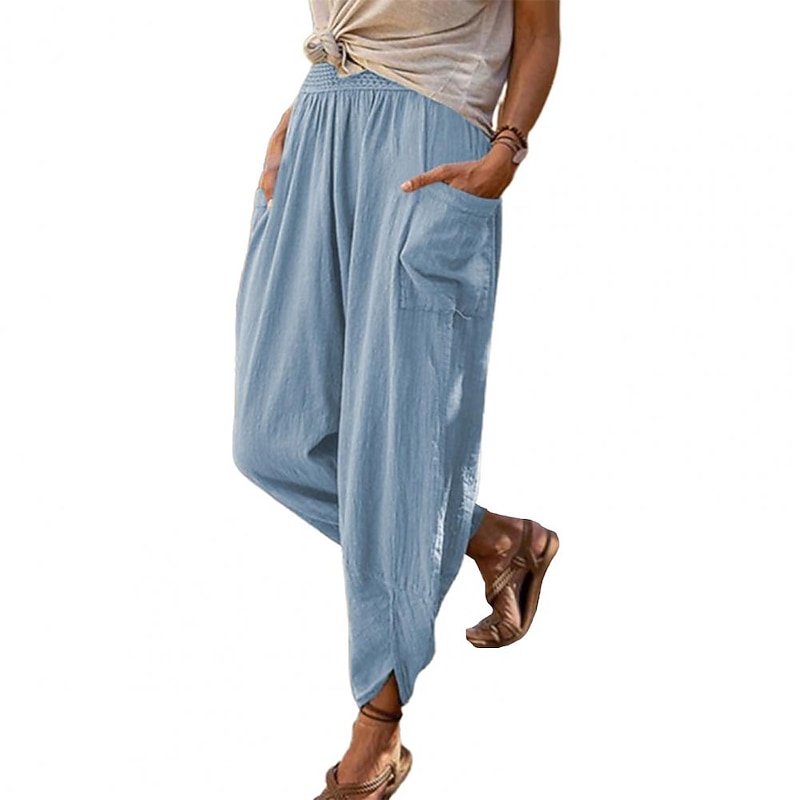 Women's Cotton Linen Pants with Side Pockets Wide-Leg Loose Casual Summer Fall White Light Blue S 2XL2