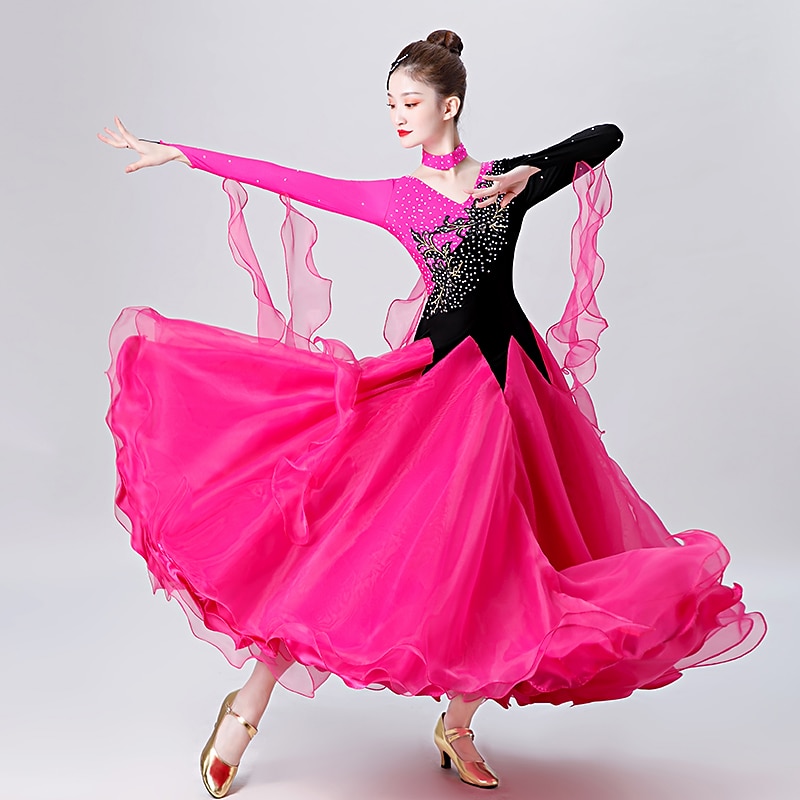 Ballroom Dance Dress Embroidery Splicing Crystals / Rhinestones Women's Performance Training Long Sleeve Spandex Organza2
