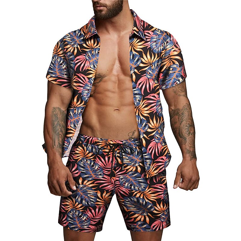Men's Floral Leaves Tropical Plants 2pcs Shirts Sets Summer Hawaiian Shirt Short Sleeve Short Pants Turndown Tropical Fashion Hawaiian Street Casual Hawaiian Print Summer Spring Black White Brown2