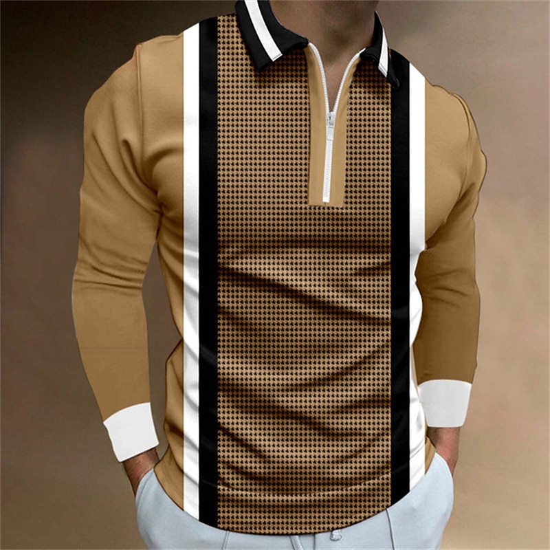 Men's Striped Zip Polo Shirts Golf Shirt Long Sleeve Polo Shirts Collared Shirts Business Casual WorkWear Formal Wear Festival Wear 3D Print Quarter Zip Polo Black White Khaki3