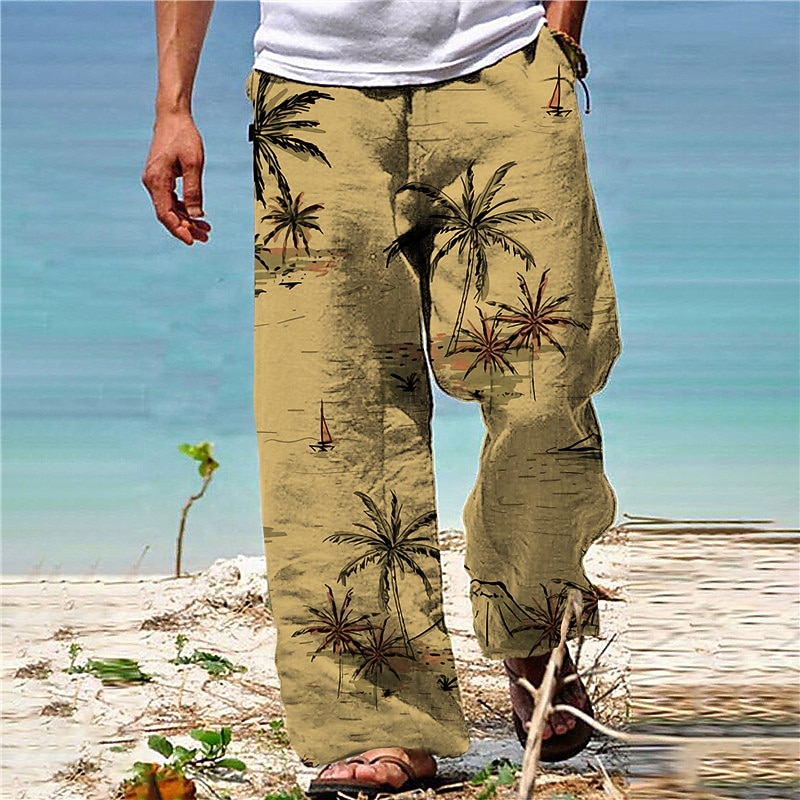 Men's Trousers Summer Pants Beach Pants Drawstring Elastic Waist Straight Leg Coconut Tree Graphic Prints Comfort Casual Daily Holiday Hawaiian Designer White Yellow3