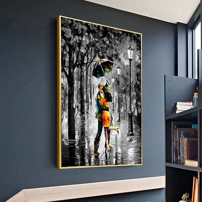 Handmade Oil Painting Canvas Acrylic Wall Art Decoration Modern  Black and White Knife Painting of a Romantic Rainy Street Scene for Home Decor Rolled Frameless Unstretched Painting4