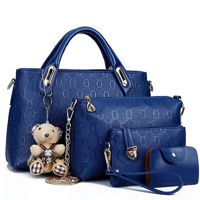 Women's 4-Piece Blue Handbag Set with Teddy Bear Charm - Stylish and Functional for Daily Use