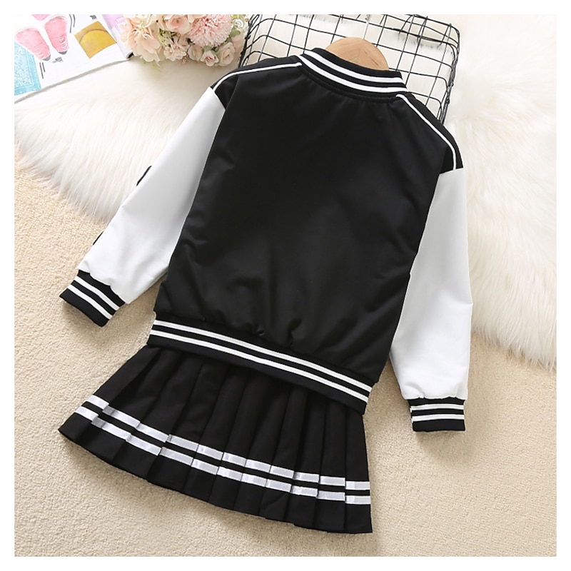 2 Pieces Kids Girls' Children's Day Graphic Pleated Dress Suits Set Long Sleeve Fashion School 7-13 Years Winter White Pink3