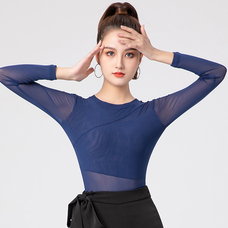 Latin Dance Activewear Leotard / Onesie Ruching Pure Color Splicing Women's Performance Training Long Sleeve High Polyester2