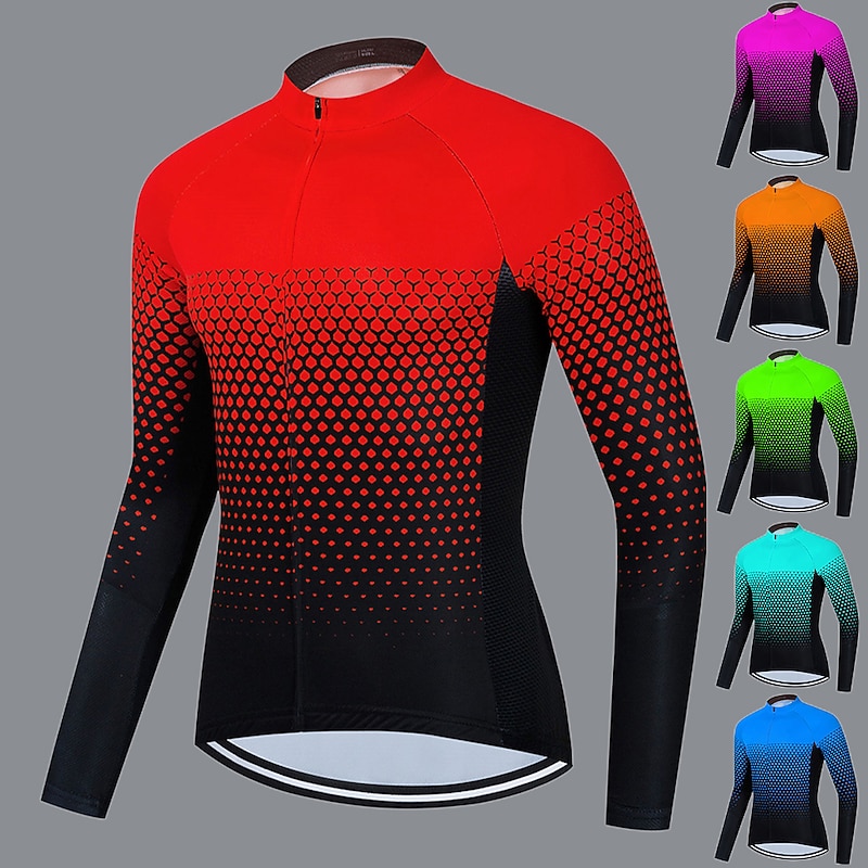 Men's Cycling Jersey Geometric Long Sleeve Bike Jersey Top with 3 Rear Pockets Mountain Bike MTB Road Bike Cycling Quick Dry Reflective Strips Back Pocket Moisture Wicking Sports Black White Red