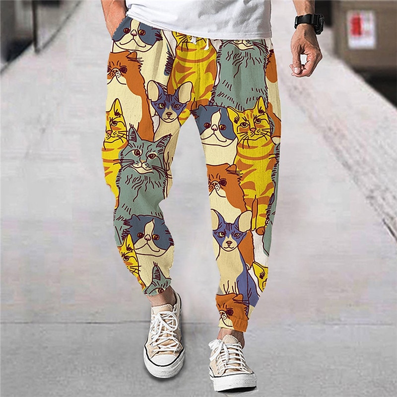 Men's Joggers Trousers Beach Pants Drawstring Elastic Waist Animal Cat Graphic Prints Comfort Breathable Sports Outdoor Casual Daily Streetwear Designer Yellow Orange Micro-elastic