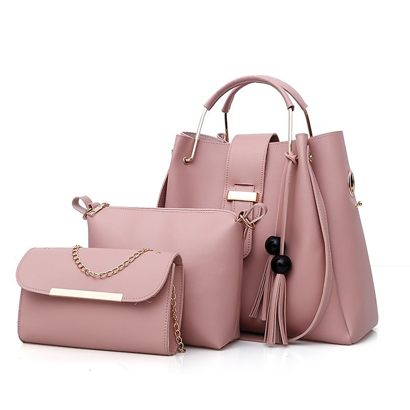 Women's 3-Piece Handbag Set - Pink Faux Leather Tote, Shoulder Bag, and Chain Clutch with Tassel Detail for Elegant and Casual Use
