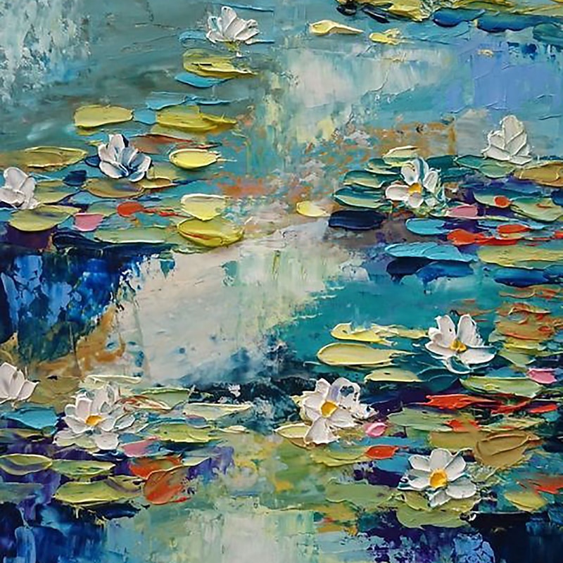 Handmade Oil Painting Canvas Acrylic Wall Art Decoration Modern Abstract Knife Lotus Pond Landscape for Home Decor Rolled Frameless Unstretched Painting4