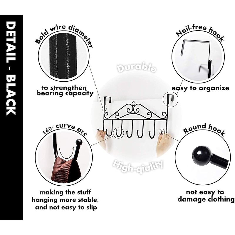 Over Door Hanger with 7 Hooks,Metal Over The Door Towel Hook,Decorative Overdoor Organizers,Hanging Storage Rack for Hat,Coats,Purses,Scarves,Clothes,Jackets,Belt,Bedroom,Bathroom,Closet2