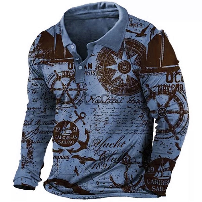 Men's Nautical Polo Shirts Golf Shirt Long Sleeve Polo Shirts Collared Shirts Vintage Casual Vacation Wear Boat Wear Party Outfits 3D Print Buttons Light Green Blue Green2