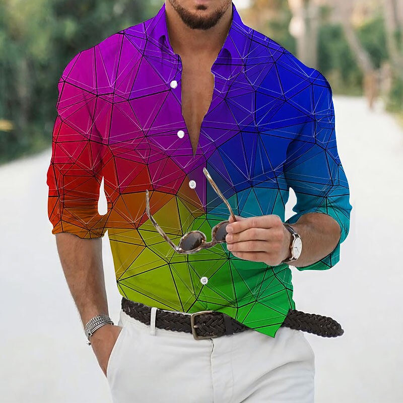 Men's Geometric Pattern Geometry Shirt Button Up Shirt Long Sleeve Fashion Designer Casual Outdoor Casual Daily Fall & Winter Turndown Print Button-Down Yellow Light Green Royal Blue Blue Purple3