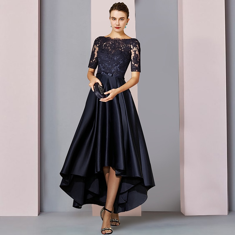 A-Line Mother of the Bride Dress Wedding Guest Elegant High Low Scoop Neck Asymmetrical Tea Length Satin Lace Short Sleeve with Bow(s) Pleats Appliques