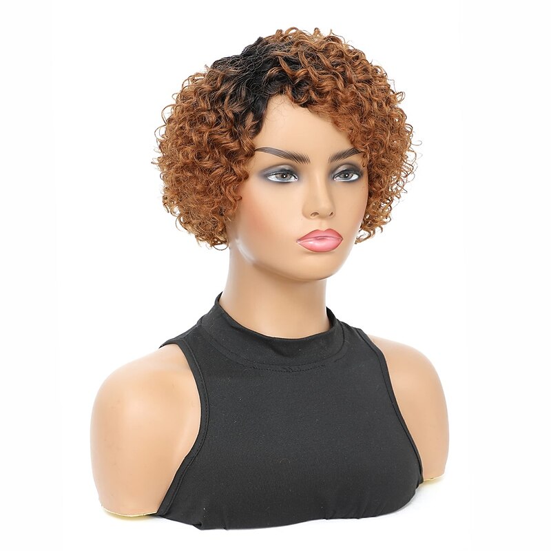 Curly Wig Blonde Human Hair Wigs 8 inch Short Bob Pixie Cut Brazilian Human Hair Wig Honey Blonde With Dark Roots Afro Kinky None Lace Front Wigs for Women Deep Wave Side Part Wig3