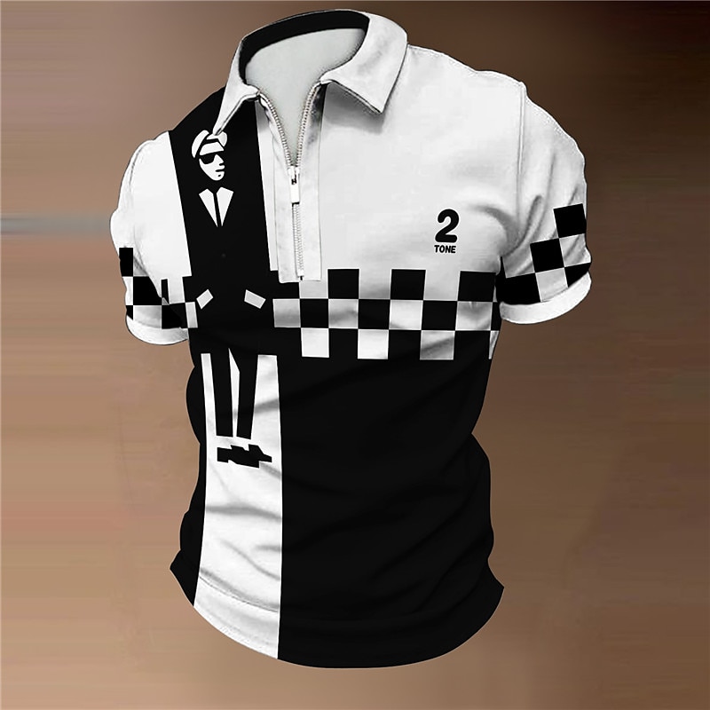 Music Festival Men's Plaid Music Zip Polo Shirts Golf Shirt Short Sleeve Polo Shirts Collared Shirts Casual Vacation Wear Festival Wear Party Outfits 3D Print Quarter Zip Polo White Yellow Blue