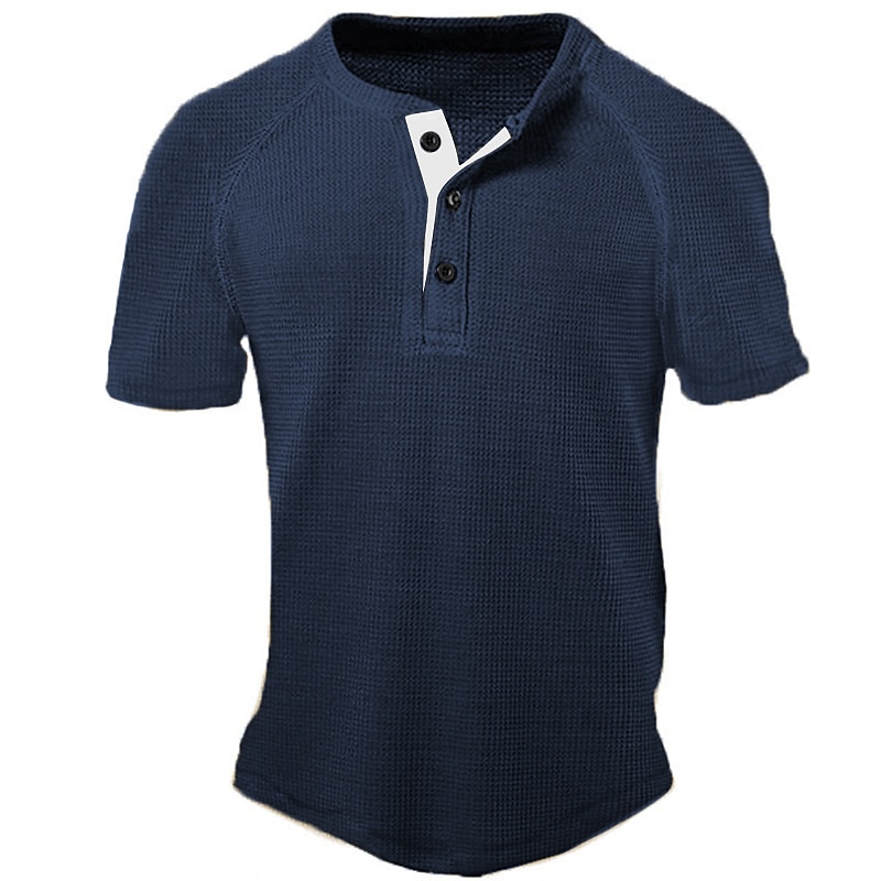 Men's Waffle Tee Button T Shirt T Shirt Waffle Henley Shirt Short Sleeve Henley Summer Plain Fashion Classic Comfortable Button-Down Street Casual Sports Navy-blue Wine Black Top Tee for Men2