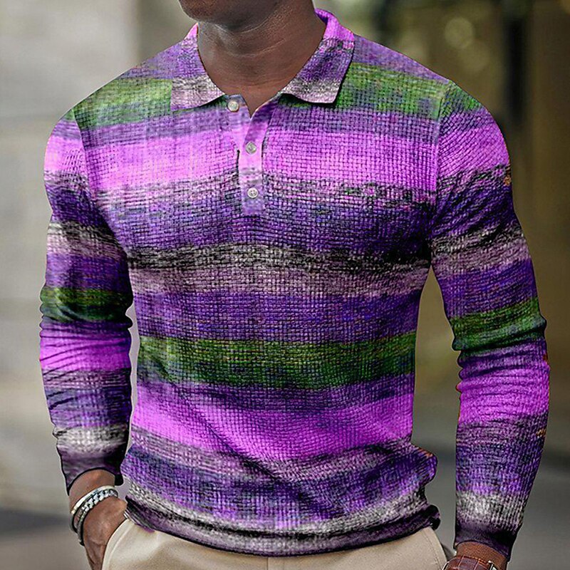 Men's Plaid Waffle Polo Shirts Golf Shirt Long Sleeve Polo Shirts Collared Shirts Vintage Casual Vacation Wear Formal Wear Festival Wear Buttons 3D Print Yellow Blue Purple3