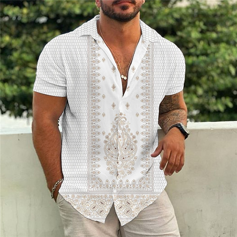 Men's Ethnic Shirt Boho Shirt Short Sleeve Tropical Fashion Hawaiian Casual Holiday Beach Summer Spring Turndown Print Button-Down Black Yellow Army Green Red Blue