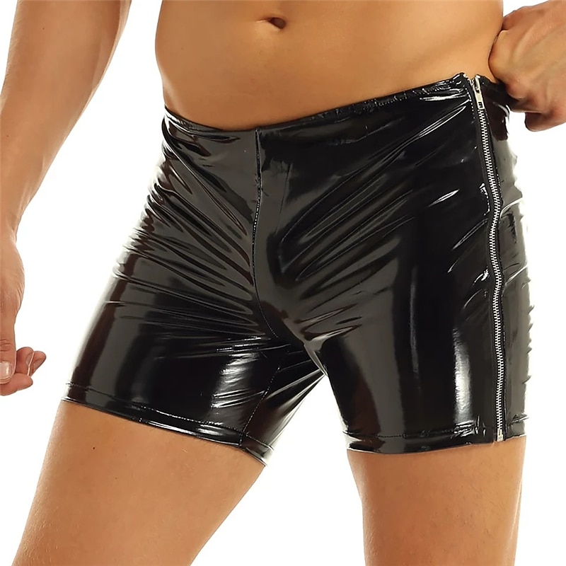 Men's Casual Shorts Faux Leather Shorts Solid Colored Comfort Soft Home Casual Clubwear Sexy Wetlook Black2