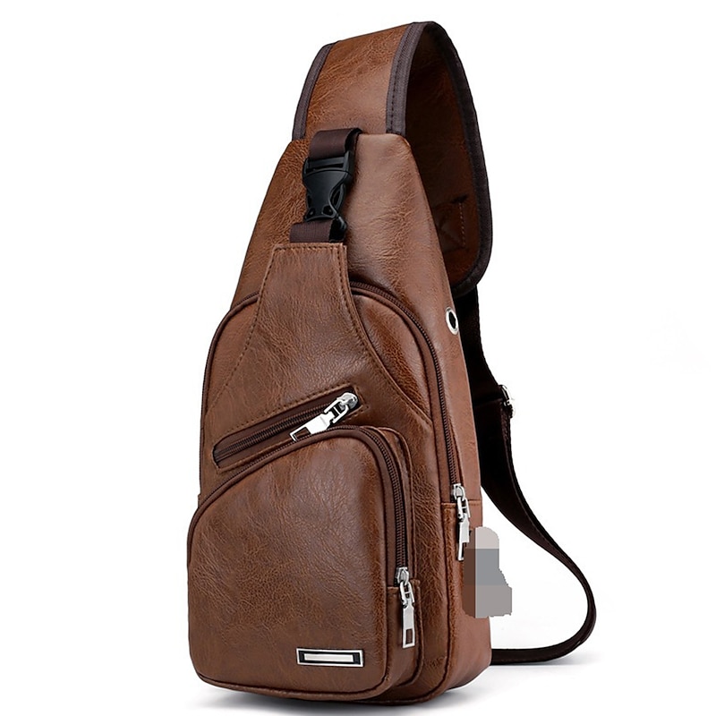 Brown Leather Crossbody Bag with Multiple Zippered Pockets for Men - Main Image