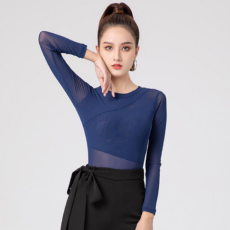 Latin Dance Activewear Leotard / Onesie Ruching Pure Color Splicing Women's Performance Training Long Sleeve High Polyester3