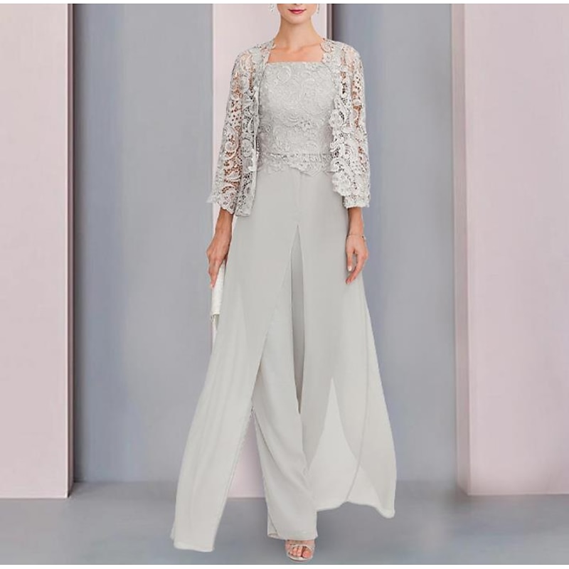 Pantsuit 3 Piece Mother of the Bride Formal Wedding Guest Elegant Wrap Included Square Neck Floor Length Chiffon Lace Sleeveless Wrap Included with Appliques
