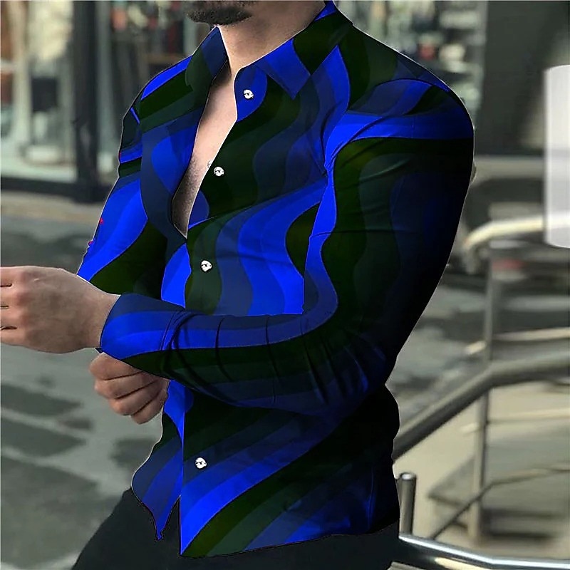 Men's Striped Geometry Flame Shirt Button Up Shirt Long Sleeve Fashion Designer Casual Outdoor Daily Fall & Winter Turndown Print Button-Down Royal Blue Blue Sky Blue Dark Blue
