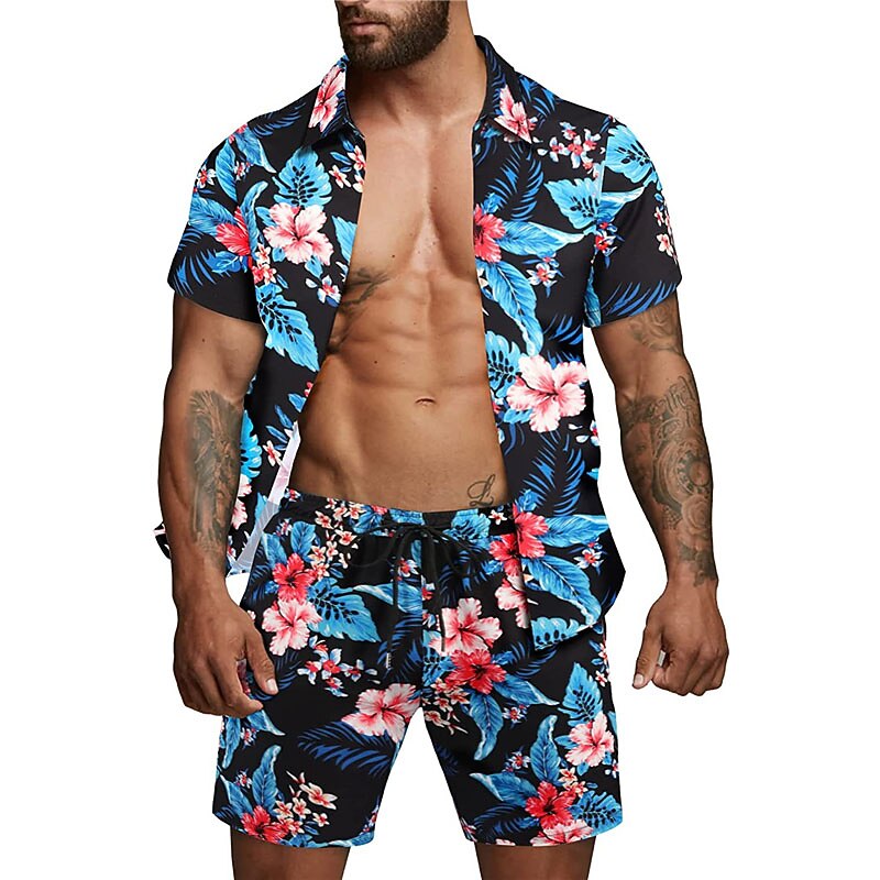 Men's Floral Leaves Tropical Plants 2pcs Shirts Sets Summer Hawaiian Shirt Short Sleeve Short Pants Turndown Tropical Fashion Hawaiian Street Casual Hawaiian Print Summer Spring Black White Brown3