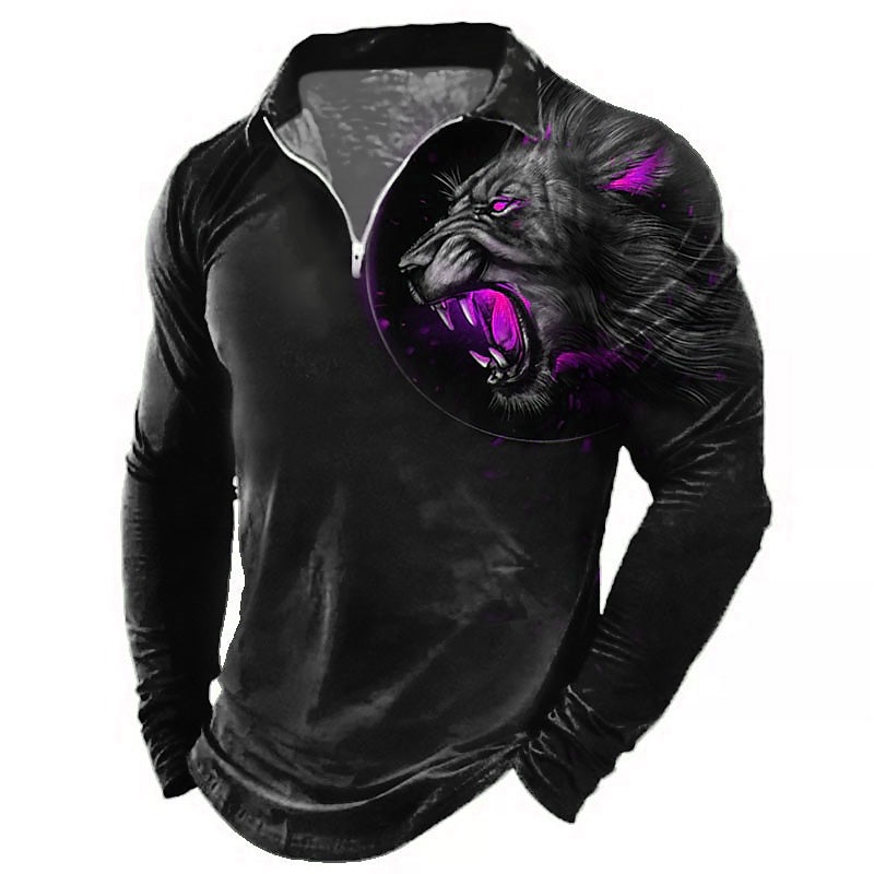 Men's Lion Zip Polo Shirts Golf Shirt Long Sleeve Polo Shirts Collared Shirts Casual Funny Streetwear Vacation Wear Party Outfits 3D Print Quarter Zip Polo Black Red Blue2