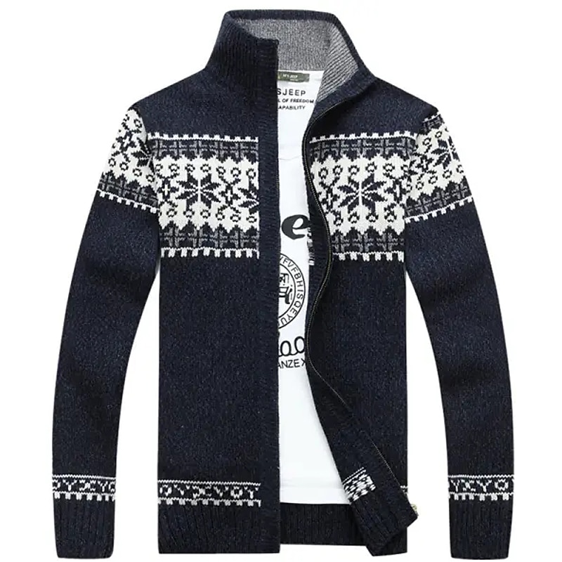 Men's Sweater Cardigan Sweater Zip Sweater Ribbed Knit Print Knitted Color Block Standing Collar Stylish Warm Ups Work Going out Clothing Apparel Winter Green Dark Blue M L XL3