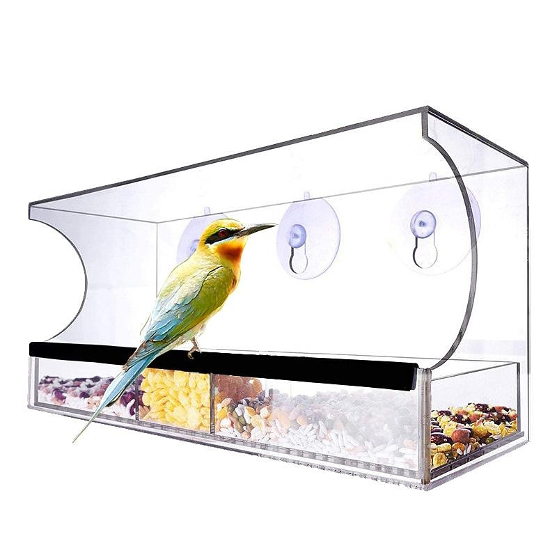 Window Bird Feeder with Strong Suction Cups - Transparent Acrylic Bird Feeder with Roof and Drain Holes for Window Outside 30x10x13 cm3