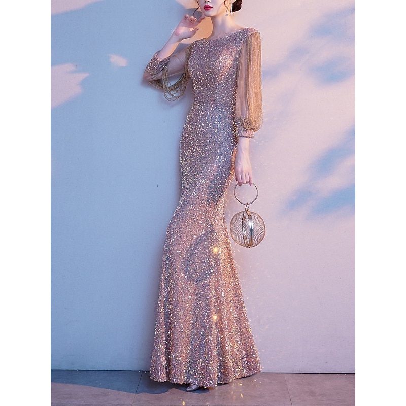 Sheath Evening Gown Elegant Sparkle & Shine Petite Jewel Neck Floor Length Sequined 3/4 Length Sleeve with Solid Color dress to impress4