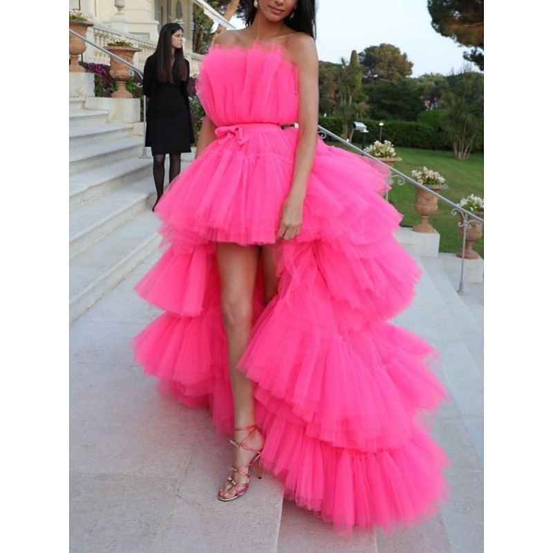 Ball Gown Prom Dresses Tiered Plisse Dress Wedding Party Birthday Asymmetrical Sleeveless Strapless Tulle with Bow(s) Masquerade Dress