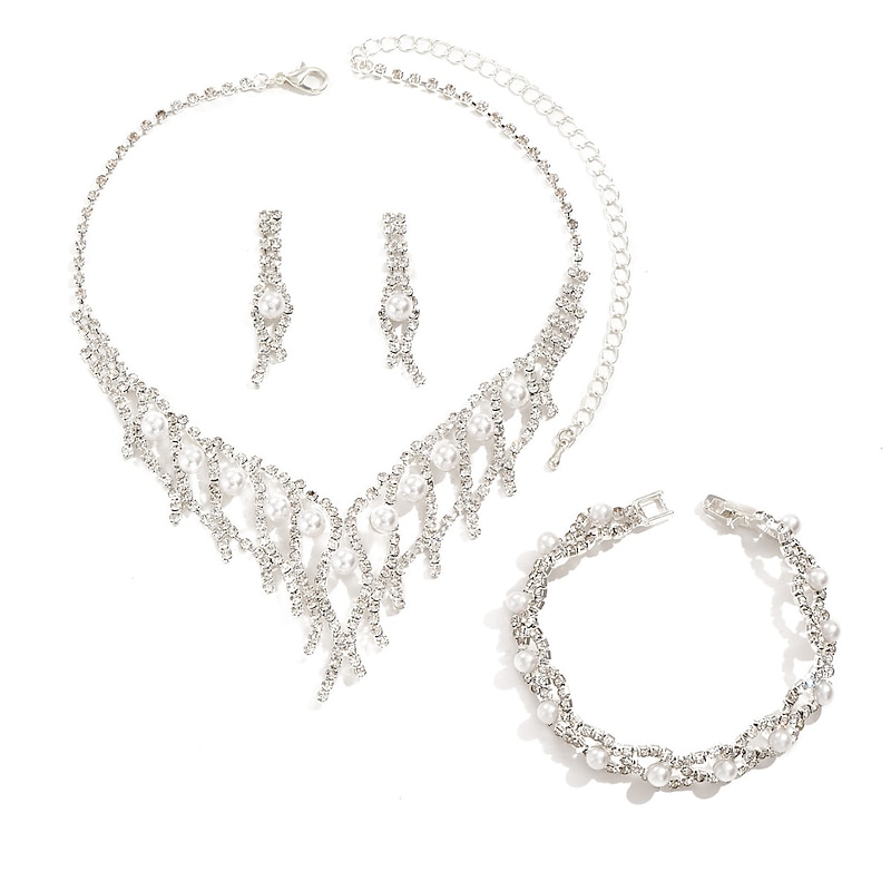 Bridal Jewelry Sets 1 set Imitation Pearl Imitation Diamond 1 Necklace 1 Bracelet Earrings Women's Elegant European Tassel Fringe Jewelry Set For Wedding Anniversary Party Evening4