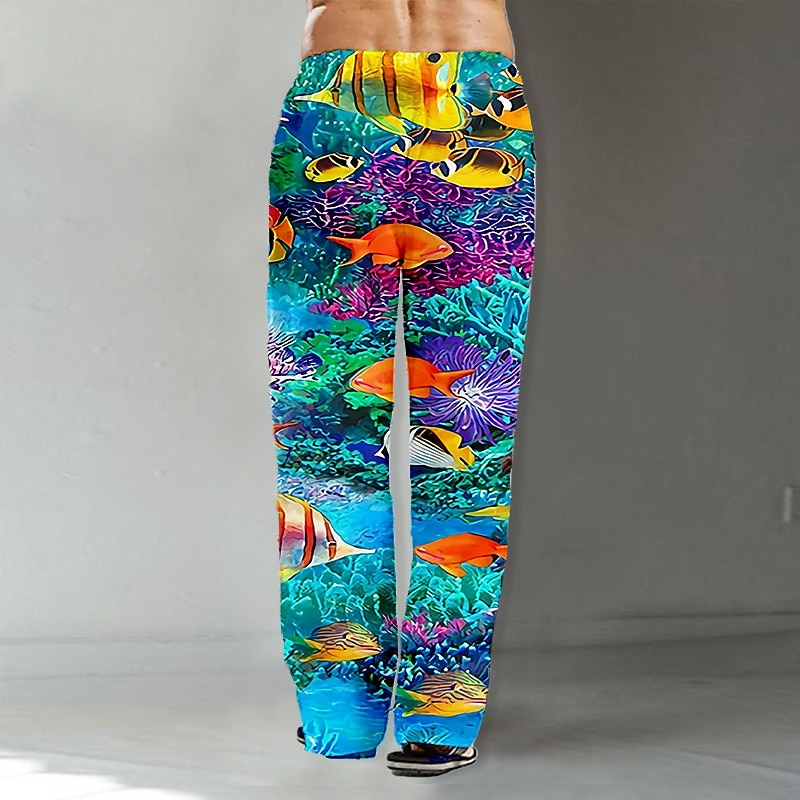 Men's Trousers Summer Pants Beach Pants Drawstring Elastic Waist Straight Leg Graphic Prints Fish Comfort Casual Daily Holiday Hawaiian Designer Red Blue2