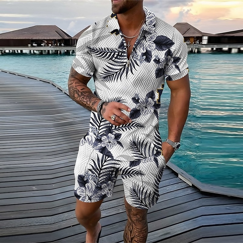 Men's Floral Graphic Skull Leaves Polo Shirts Hawaiian Polo Shirts Golf Shirt Polo Set Short Sleeve Shirt Turndown Street Casual Black White Wine Red Zipper Print Clothing Apparel Fashion Designer2