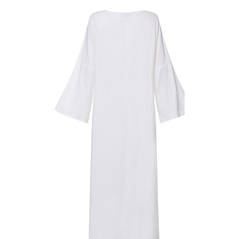 Women's White khaki Spring Fall Autumn Maxi Dress White Dress Casual Dress Cotton Summer Dress Basic Casual Outdoor Daily Loose Fit Pure Color Crew Neck3