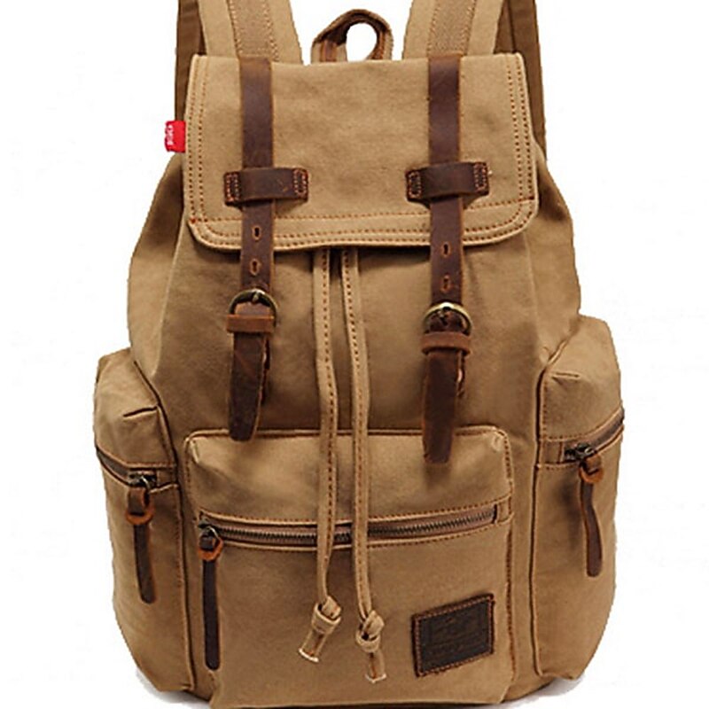Men's Vintage Canvas Backpack with Leather Straps and Drawstring Closure – Durable Travel Rucksack for Hiking, School, or Daily Use