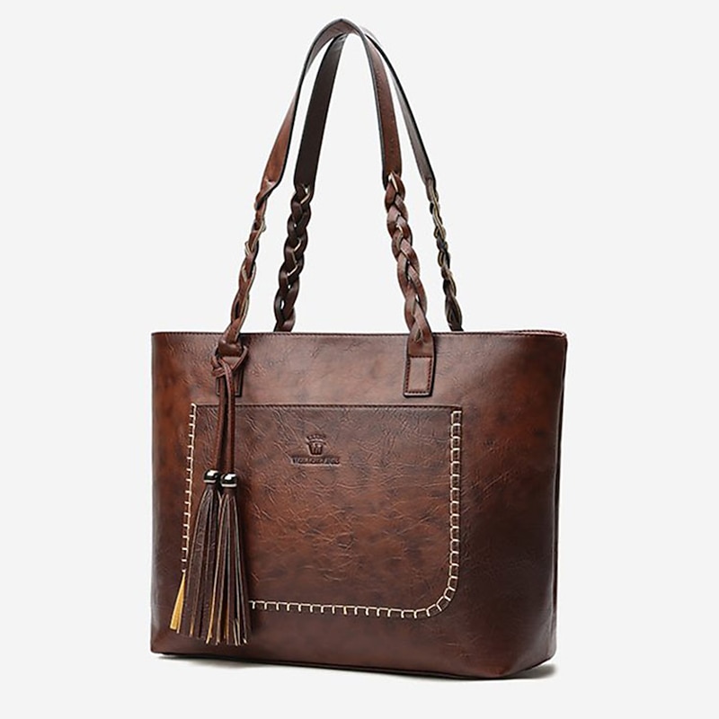 Vintage Brown Faux Leather Tote Bag with Braided Straps and Tassel Detail - Ideal for Daily Use and Casual Outings3