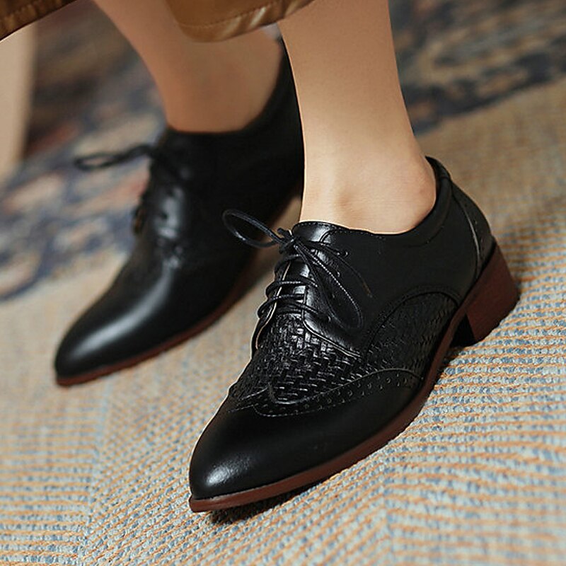 Women's Oxfords Brogue Plus Size Wingtip Shoes Outdoor Daily Solid Colored Low Heel Chunky Heel Pointed Toe Elegant Casual Minimalism PU Leather PU Lace-up Black Brown3