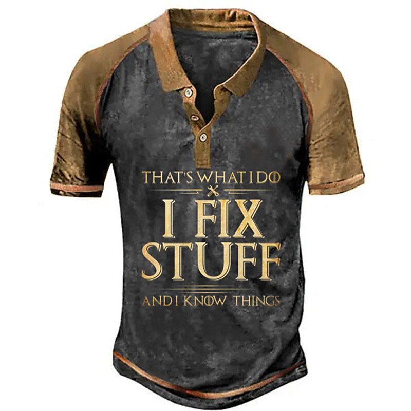 Men's 'That's What I Do I Fix Stuff And I Know Things' Funny Graphic Henley T-Shirt, Short Sleeve Work Humor Tee.2
