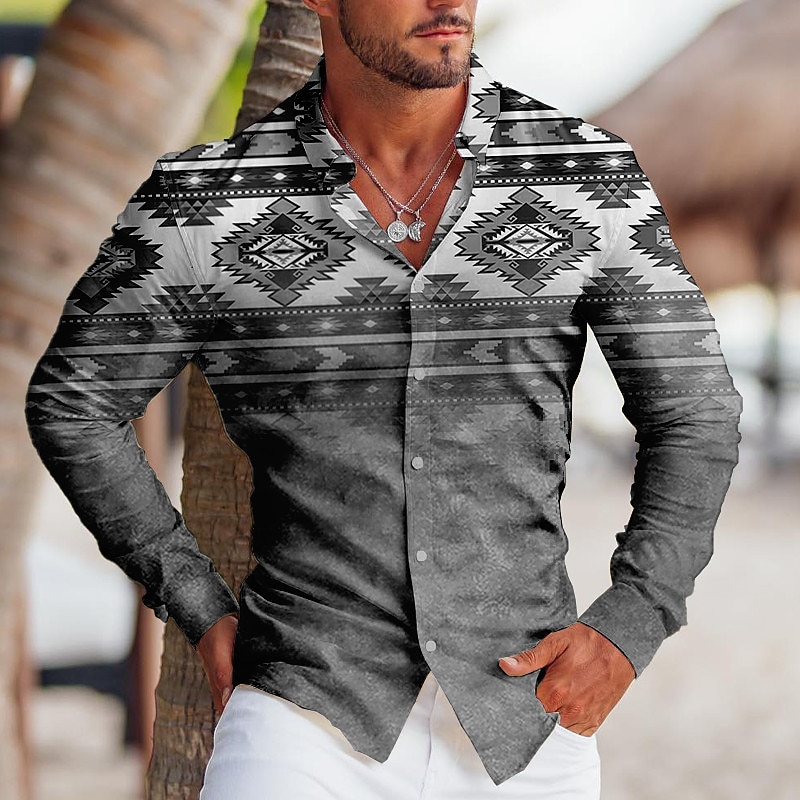 Men's Tribal Graphic Prints Geometry Shirt Western Shirt Cowboy Shirt Long Sleeve Sports Fashion Streetwear Outdoor Daily Fall & Winter Turndown Print Button-Down Blue Brown Green Gray4