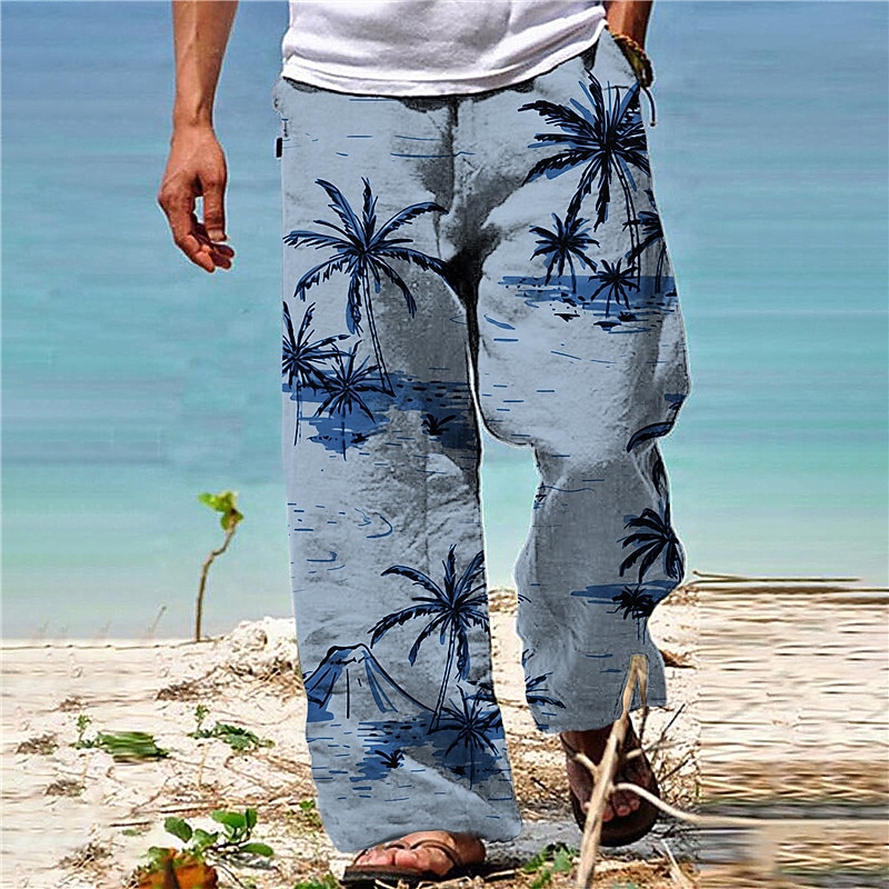 Men's Trousers Summer Pants Beach Pants Drawstring Elastic Waist Straight Leg Coconut Tree Graphic Prints Comfort Casual Daily Holiday Hawaiian Designer White Yellow2