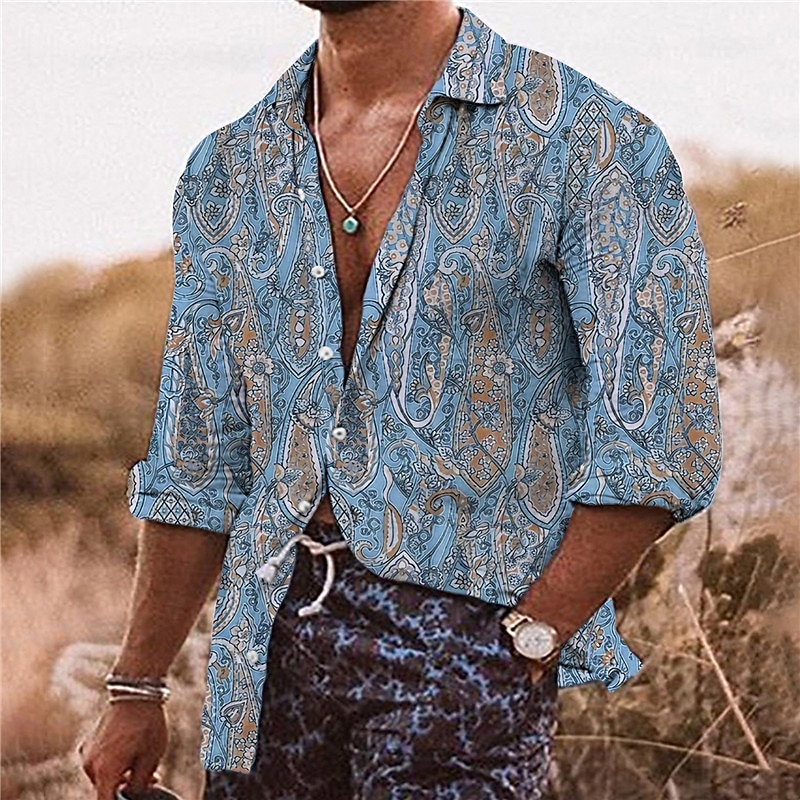 Men's Floral Shirt Boho Shirt Long Sleeve Tropical Sports Streetwear Outdoor Casual Daily Fall & Winter Turndown Print Button-Down Black Pink Navy Blue Blue Purple2